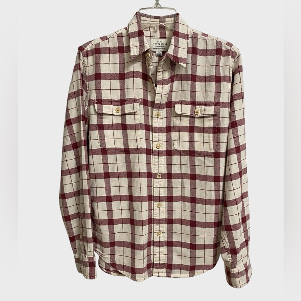 Lucky Brand Saturday Stretch Flannel Shirt Men's S Cream Burgundy Preppy Casual